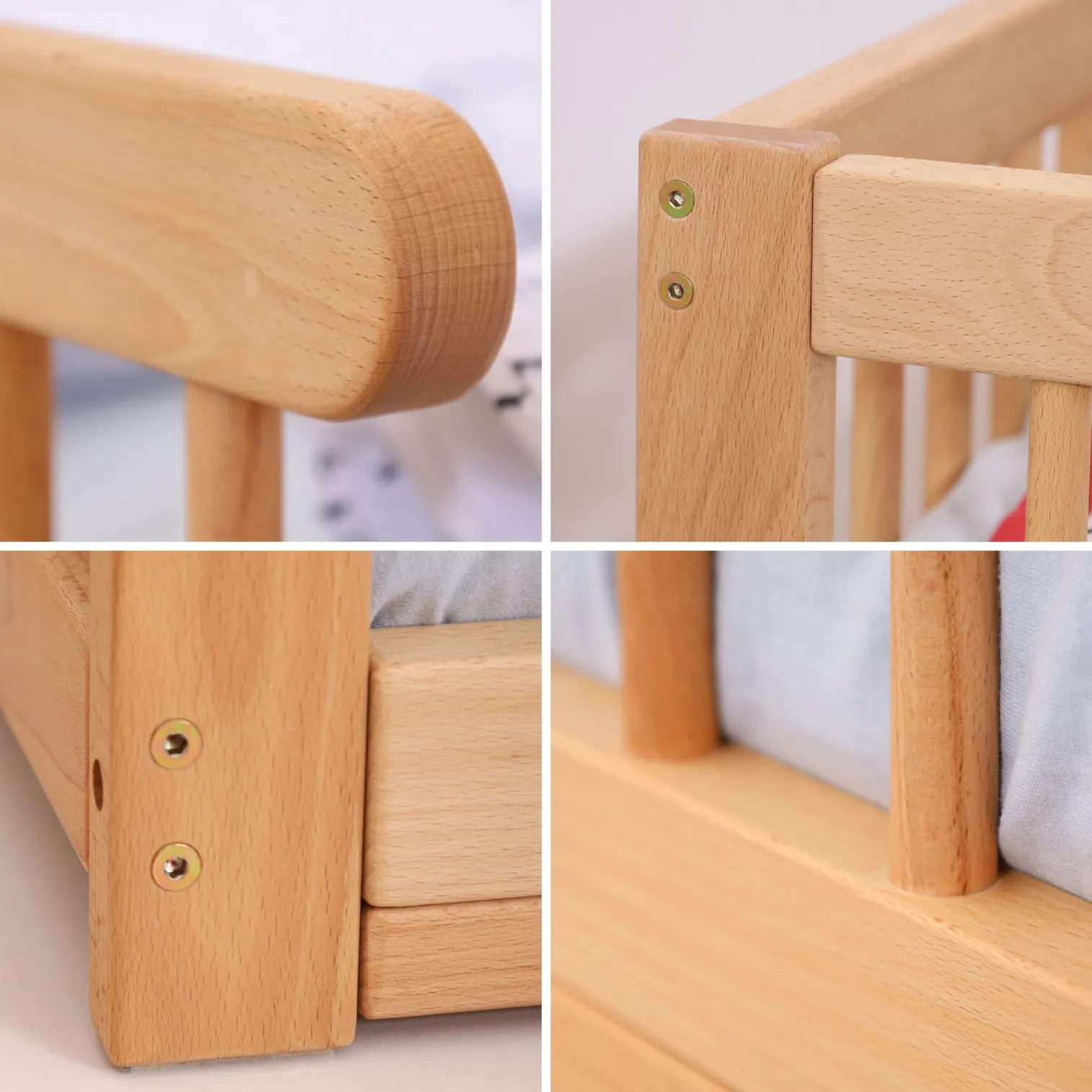 Close-up rounded rail and corner on solid beech FLOORbed, smooth child-safe finish details