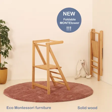 BRUBI Foldable MONTEtower solid birch learning tower, compact design for small kitchens