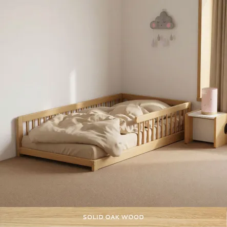 Montessori L-shaped kids floor bed with safety rails and open end, solid oak wood